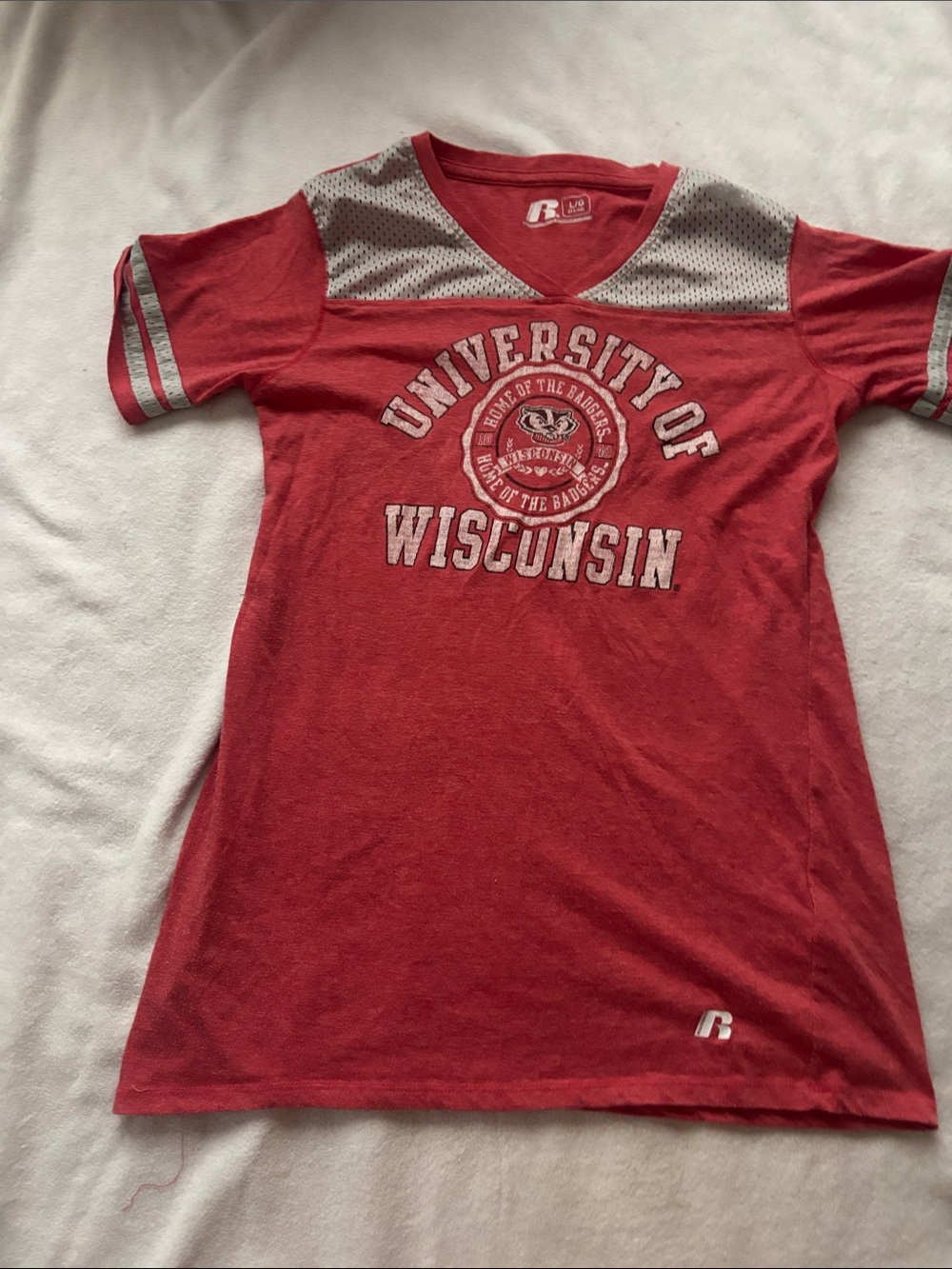 Russell Athletic Red and Gray University Graphic V-Neck Tee